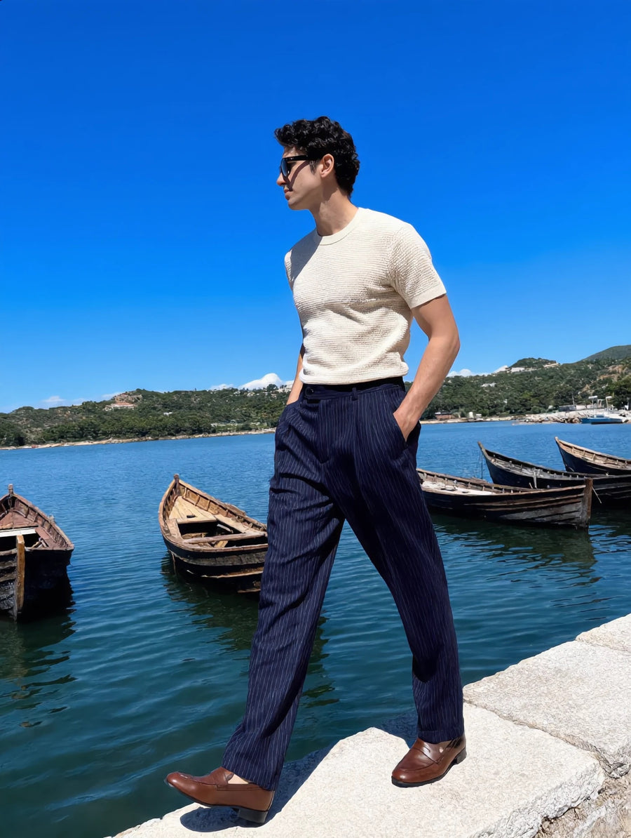Lume Strickshirt in Creme mit Sera Stoffhose am Hafen